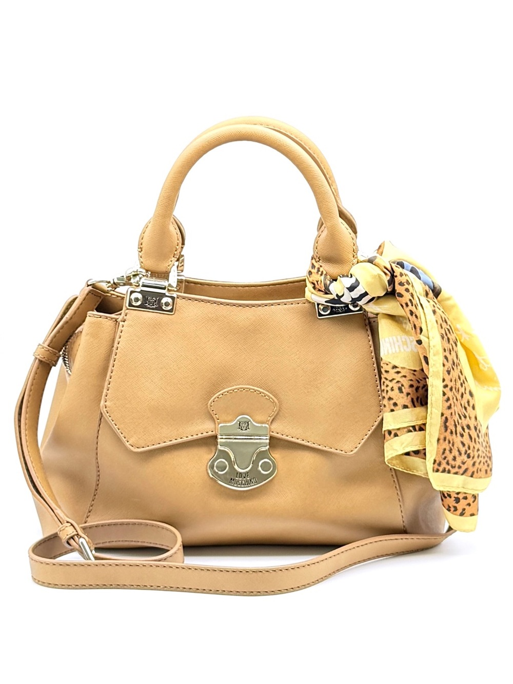 Love Moschino Tan Faux Leather Pleated Top Handle Satchel Bag and Scarf bundle